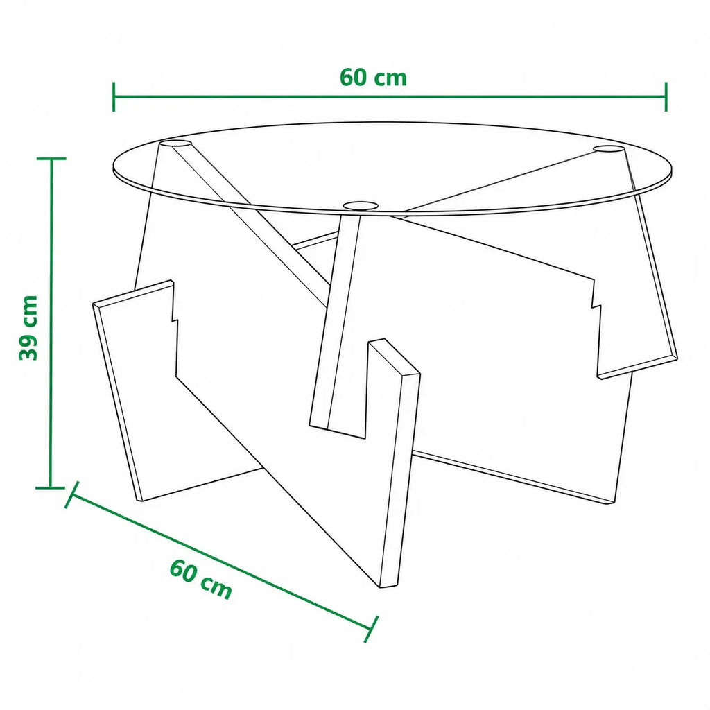 Schéma dimensions table basse ronde en verre et bois massif, 60 x 60 x 39 cm design contemporain