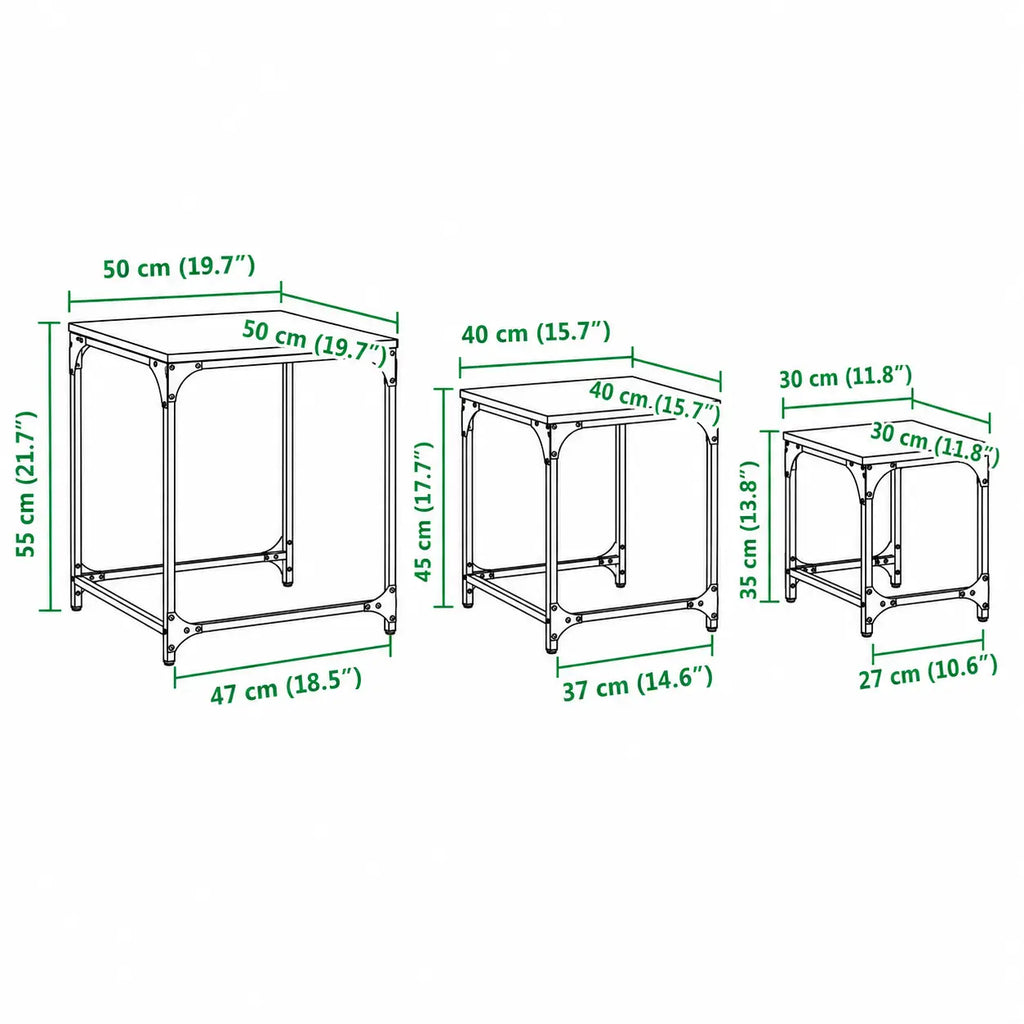 Dimensions Table basse gigognes en verre Glacielle avec structures métal noir compactes