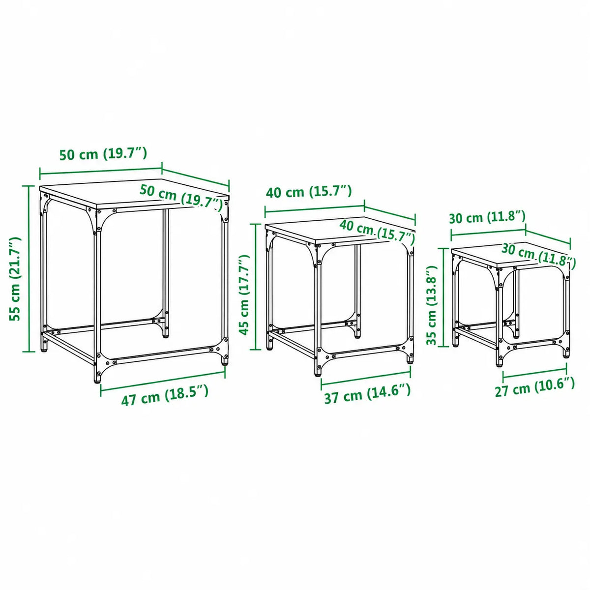 Dimensions Table basse gigognes en verre Glacielle avec structures métal noir compactes
