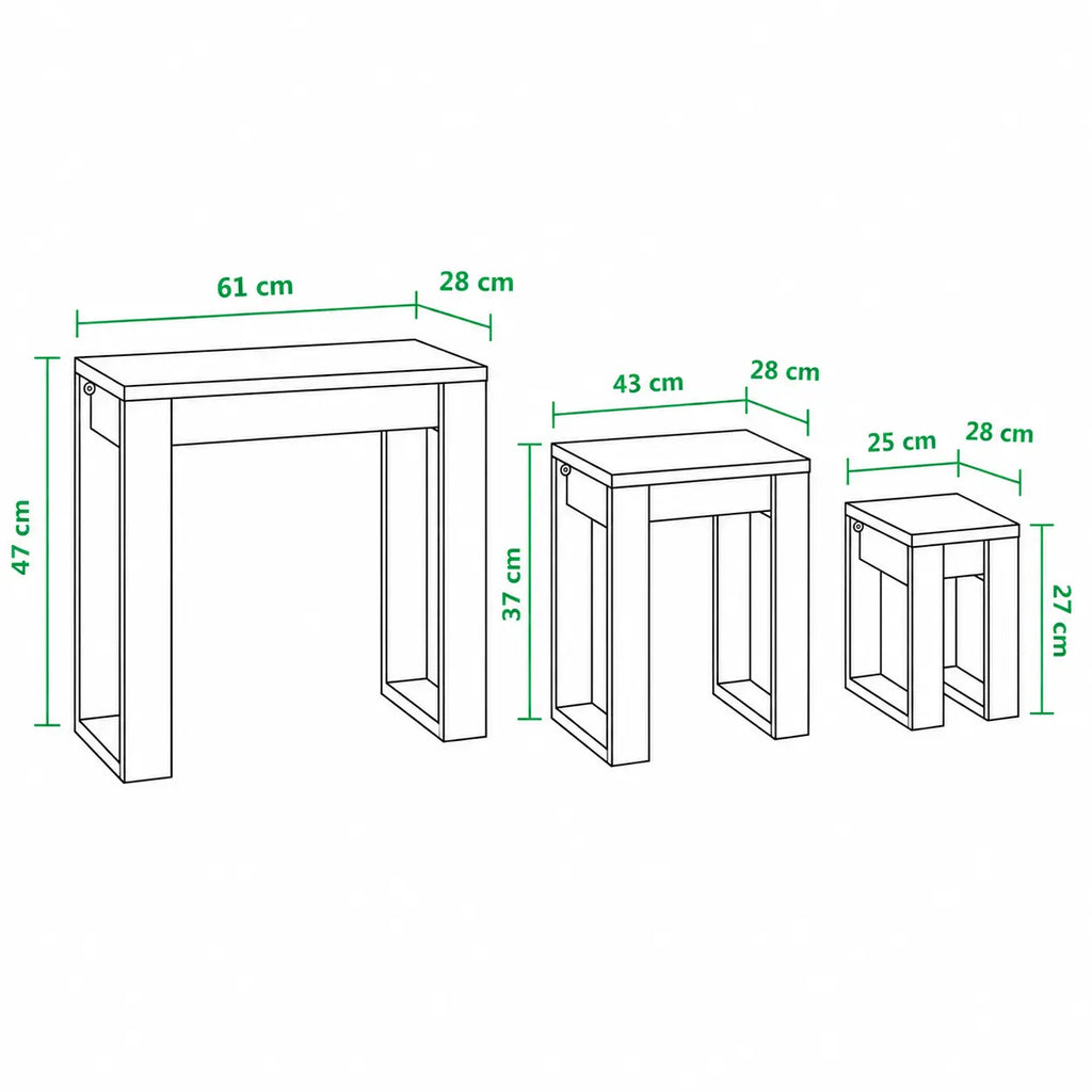 Schéma dimensions tables basses gigognes noires avec design compact pour salon moderne