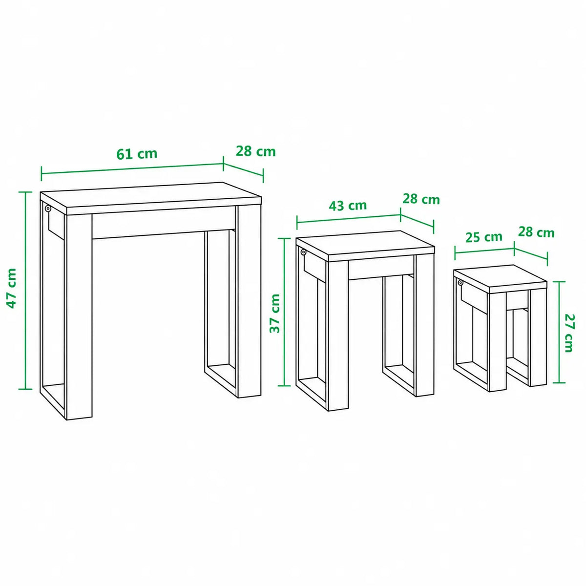 Schéma dimensions tables basses gigognes noires avec design compact pour salon moderne
