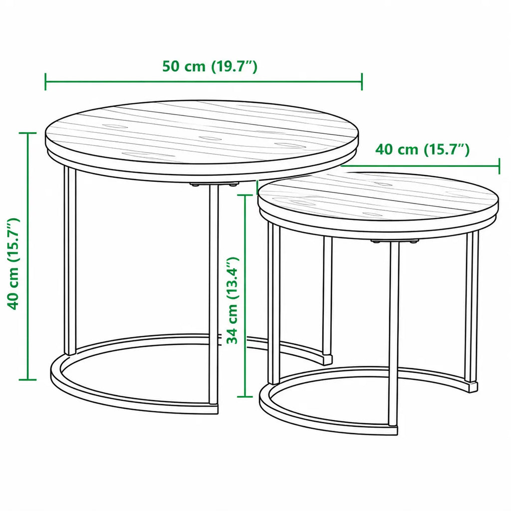 Dimensions tables basses gigognes rondes avec plateau bois et structure métal noir moderne