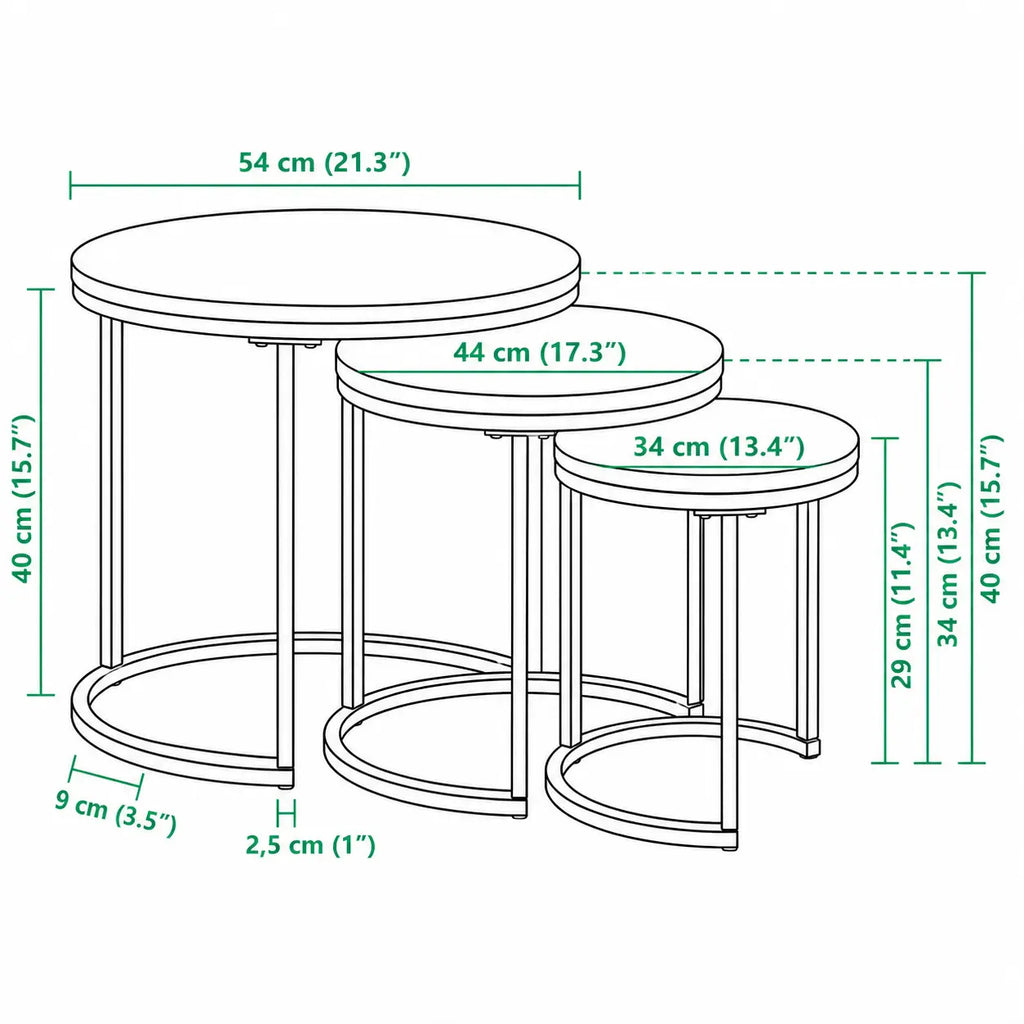 Dimensions des tables basses gigognes rondes Norio avec plateaux en bois noir et structure métallique