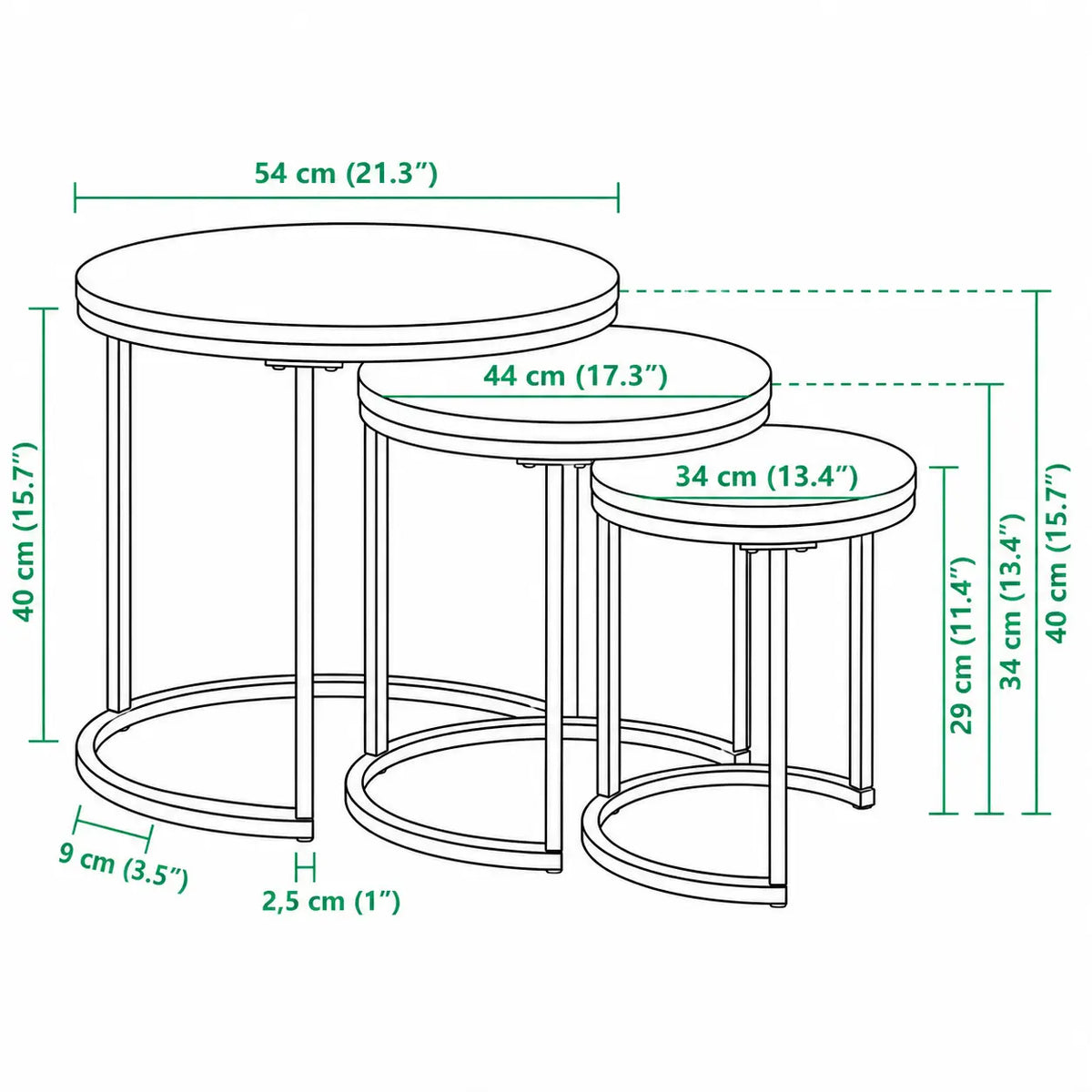 Dimensions des tables basses gigognes rondes Norio avec plateaux en bois noir et structure métallique