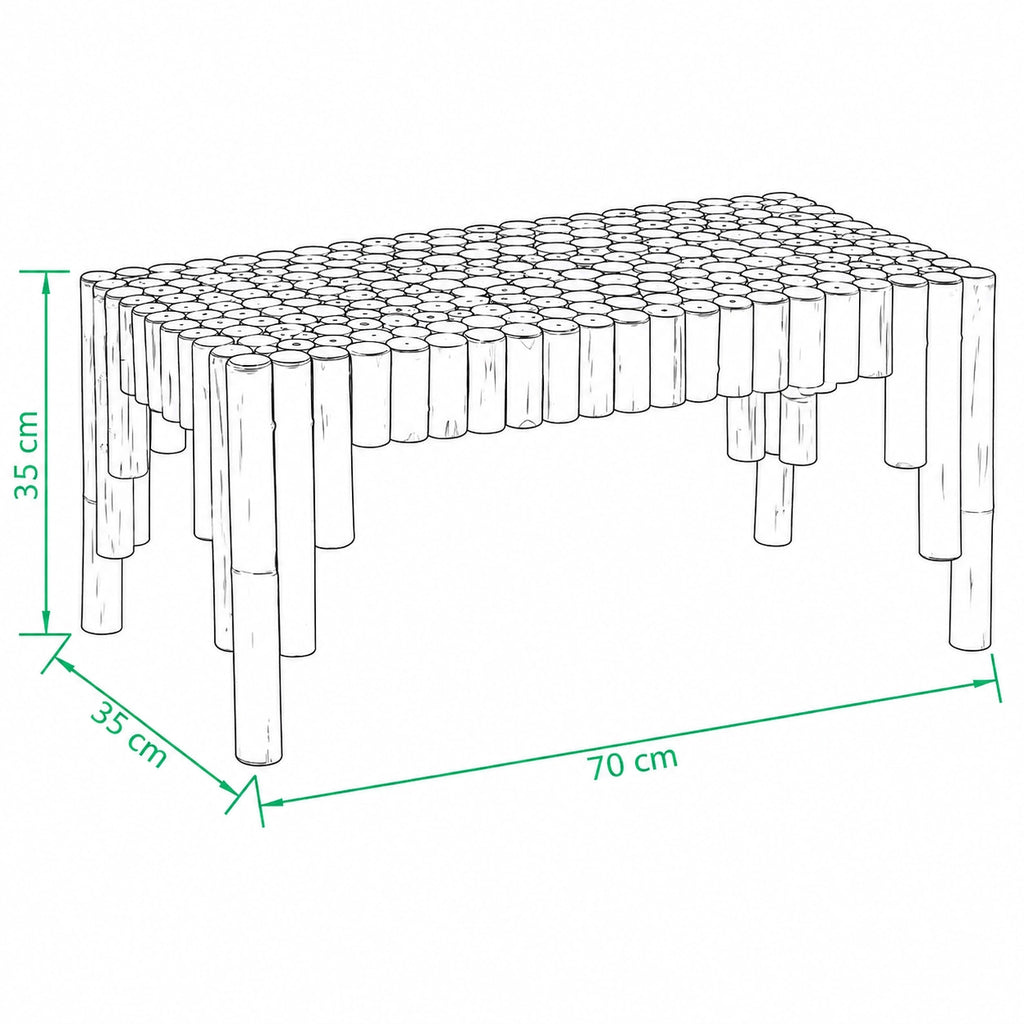 Schéma dimensions table basse en bambou naturel, 70 x 35 cm, hauteur 35 cm, design sculptural artisanal