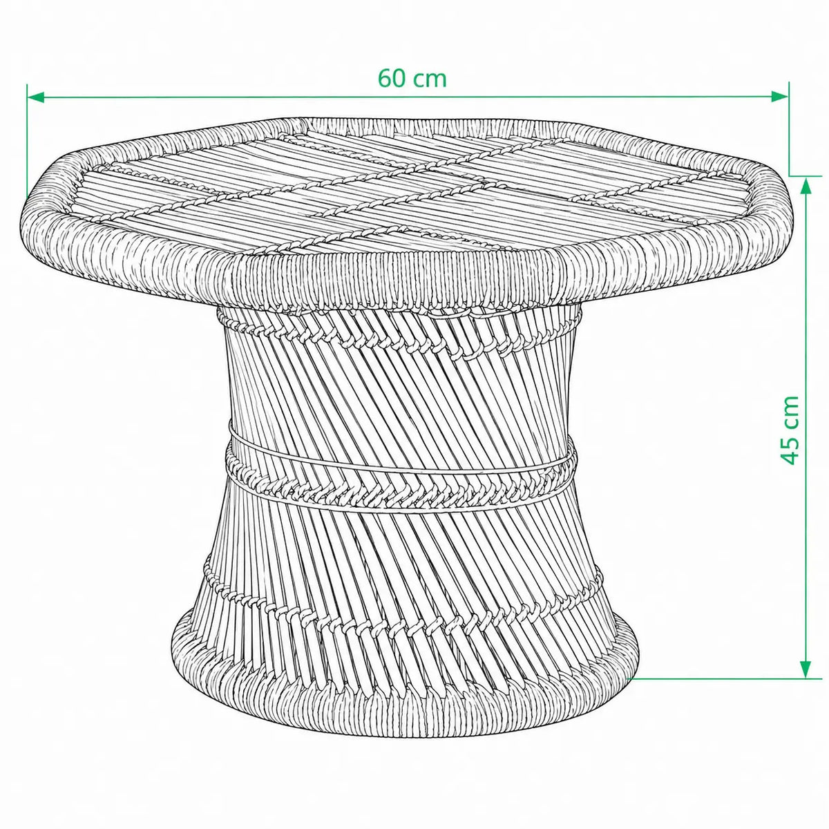 Schéma dimensions table basse Japandi octogonale en bambou Bonda, 60 cm de diamètre et 45 cm de hauteur
