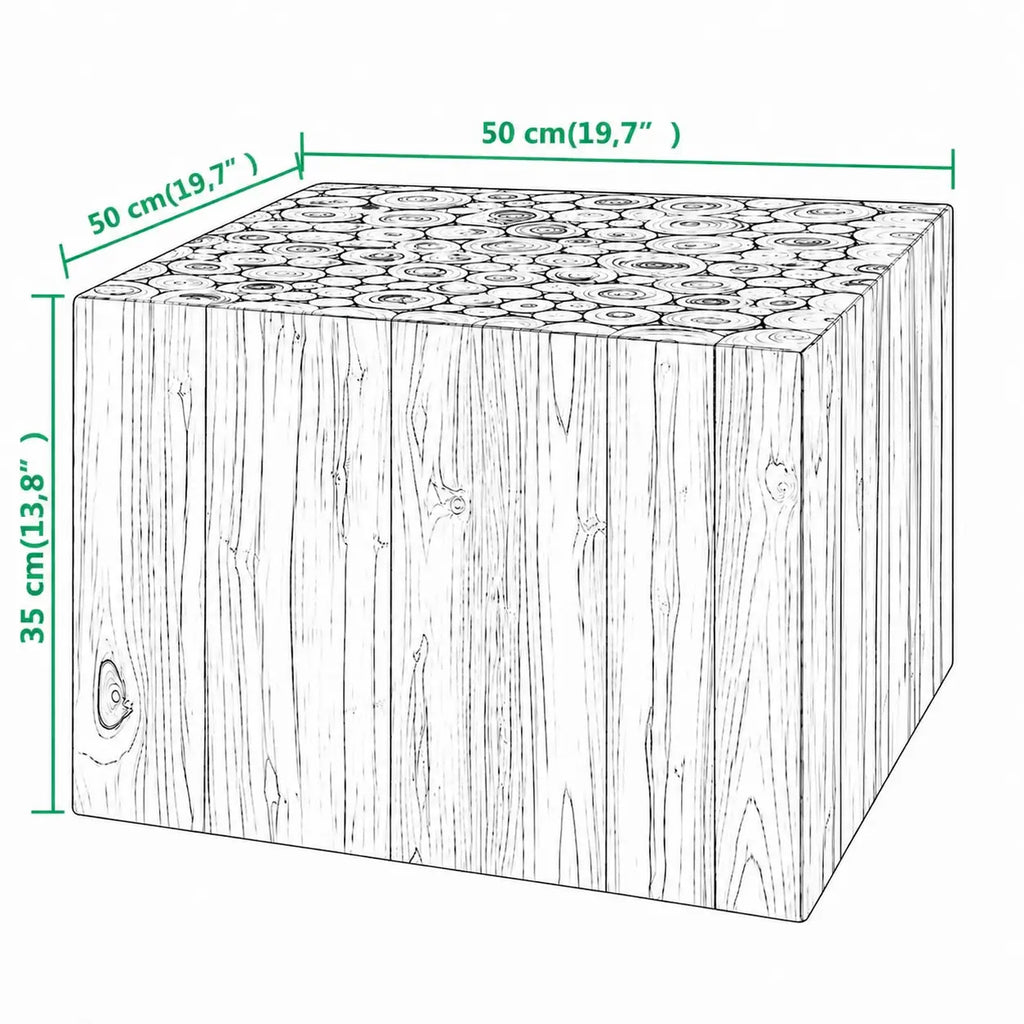 Schéma dimensions table d’appoint Japandi Hikari en bois de teck, 50 x 50 x 35 cm, design cubique minimaliste