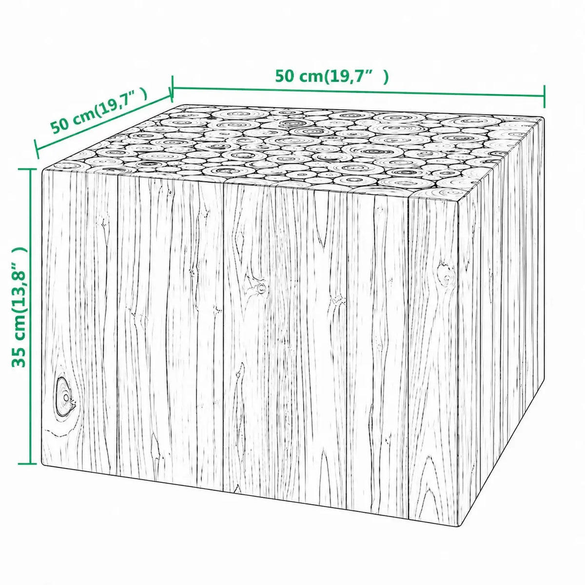 Schéma dimensions table d’appoint Japandi Hikari en bois de teck, 50 x 50 x 35 cm, design cubique minimaliste