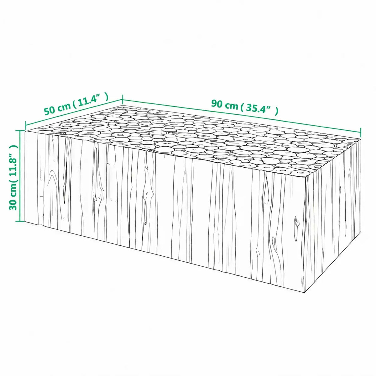Schéma dimensions table basse Japandi Hikari en bois de teck, 90 x 50 x 30 cm, design rectangulaire minimaliste