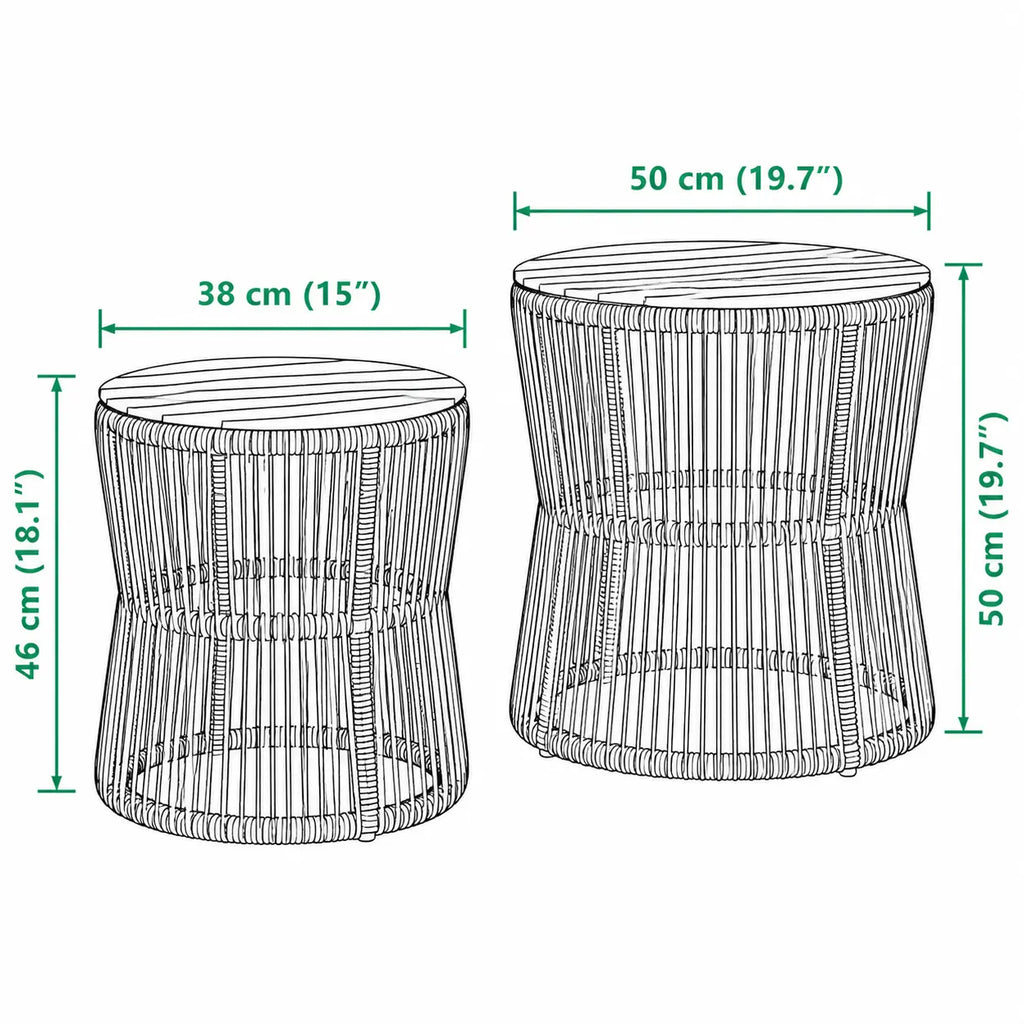 Schéma dimensions tables basses rondes Structa en rotin noir avec plateaux bois pour jardin moderne