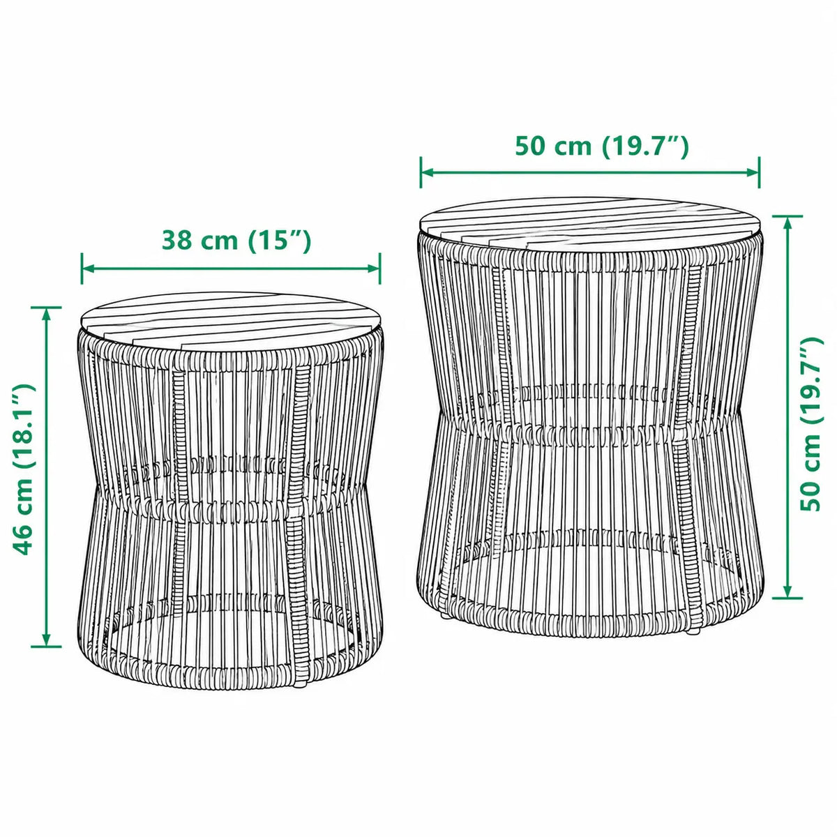 Schéma dimensions tables basses rondes Structa en rotin noir avec plateaux bois pour jardin moderne