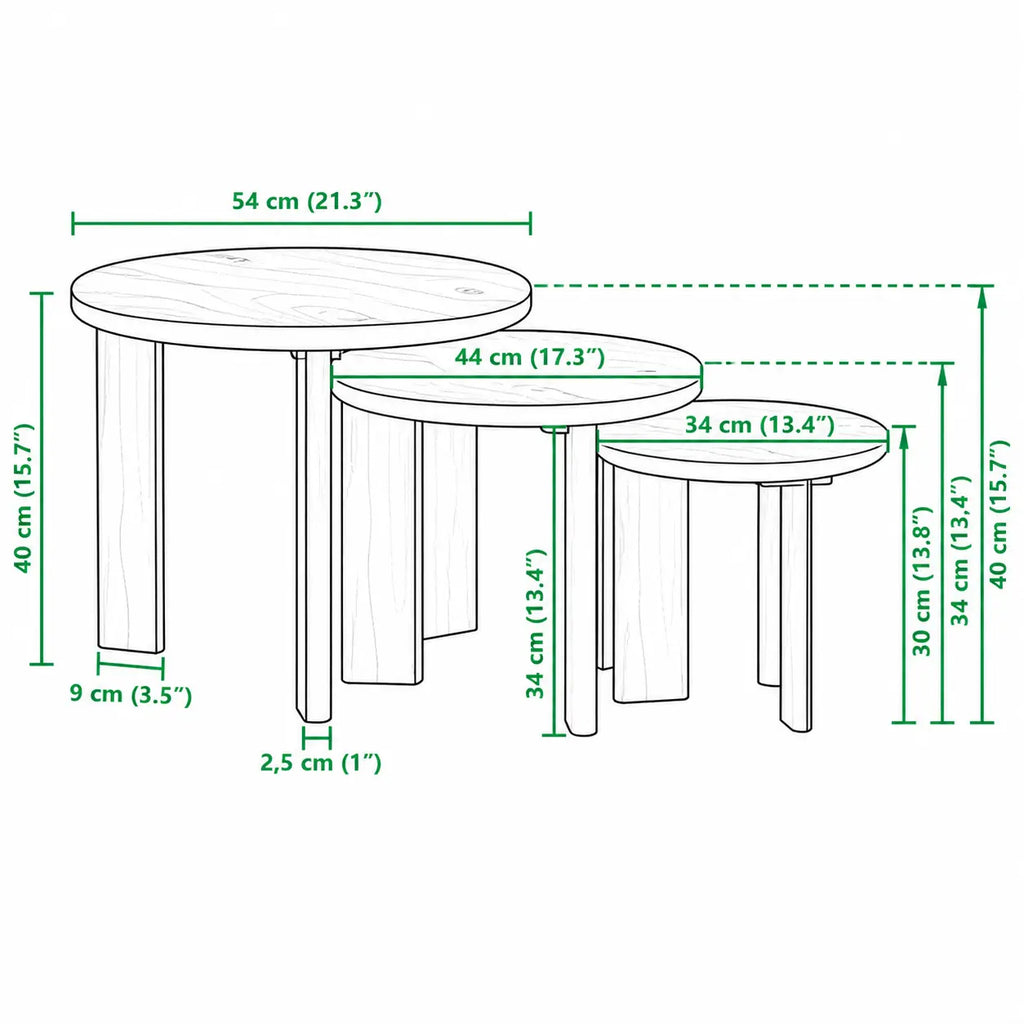 Dimensions des tables basses gigognes rondes en bois massif avec design empilable moderne et compact