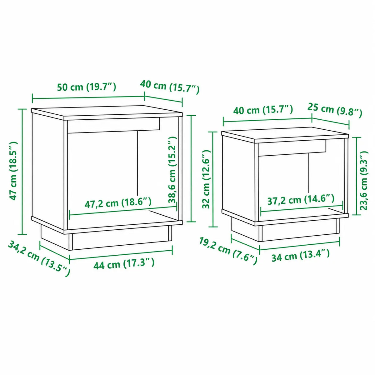 Dimensions tables basses gigognes blanches avec structure ouverte et design compact moderne