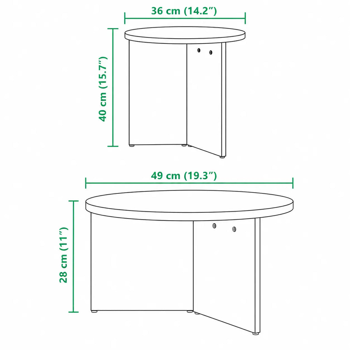 Lot de 2 tables d’appoint rondes blanches, formats 49 cm et 36 cm, design minimaliste pour petits espaces