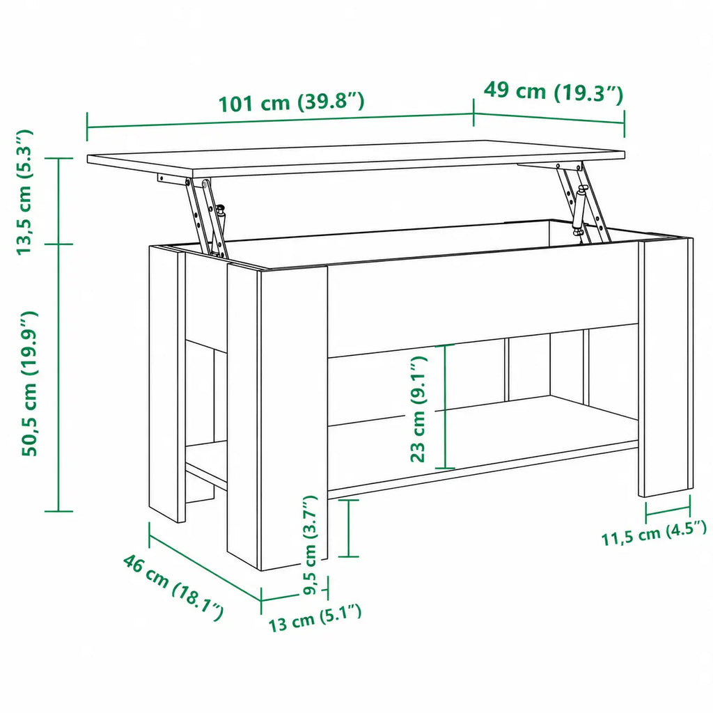 Schéma dimensions table basse relevable Sylvane avec rangement intégré et plateau de 101 x 49 cm