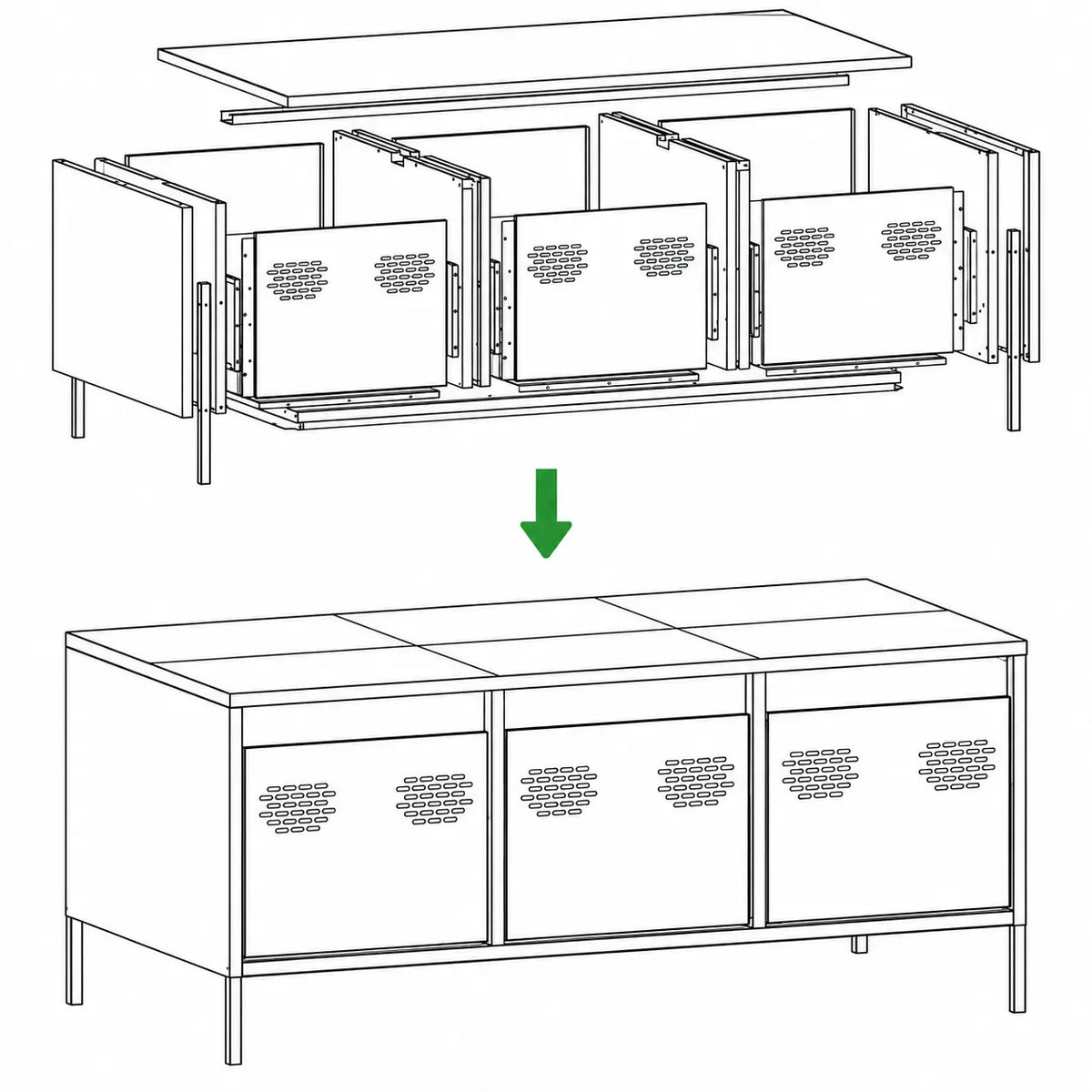  Schéma d’assemblage de la table basse noire industrielle avec structure métallique, panneaux latéraux et trois tiroirs de rangement