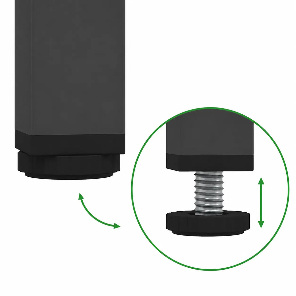 Détail pied réglable pour table basse industrielle noire avec structure métallique robuste