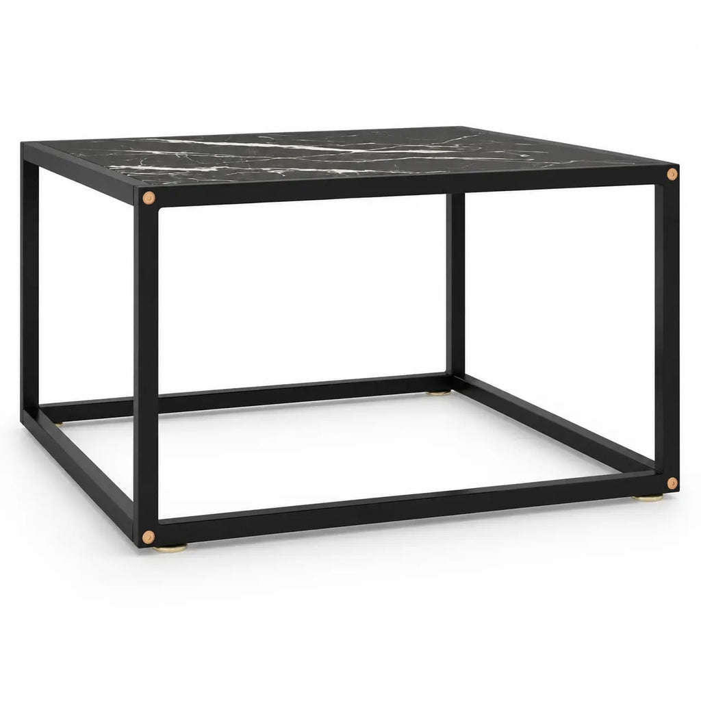 Table basse carrée style marbre noir avec structure métallique noire au design contemporain