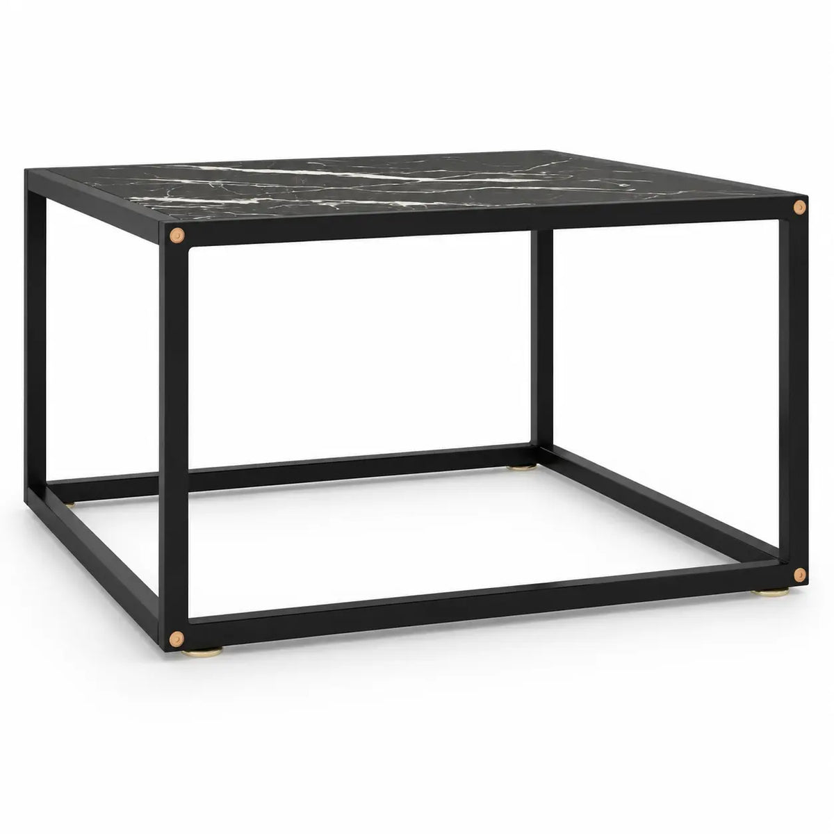 Table basse carrée style marbre noir avec structure métallique noire au design contemporain