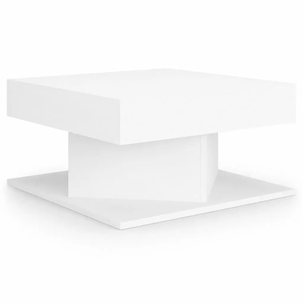 Table basse carrée blanche avec base centrale géométrique et design minimaliste contemporain
