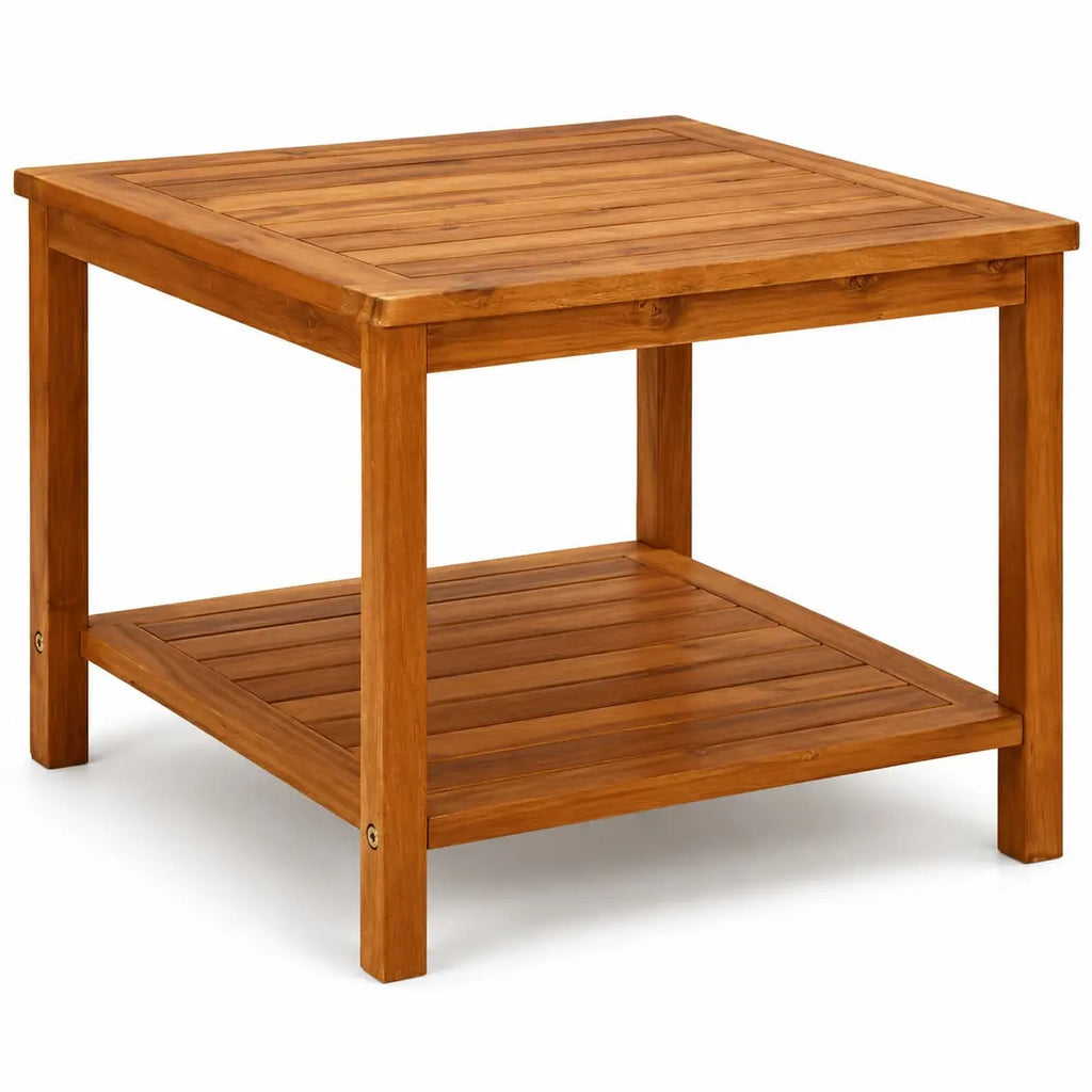 Table basse carrée en bois 60x60 Savara avec étagère inférieure pour intérieur et extérieur