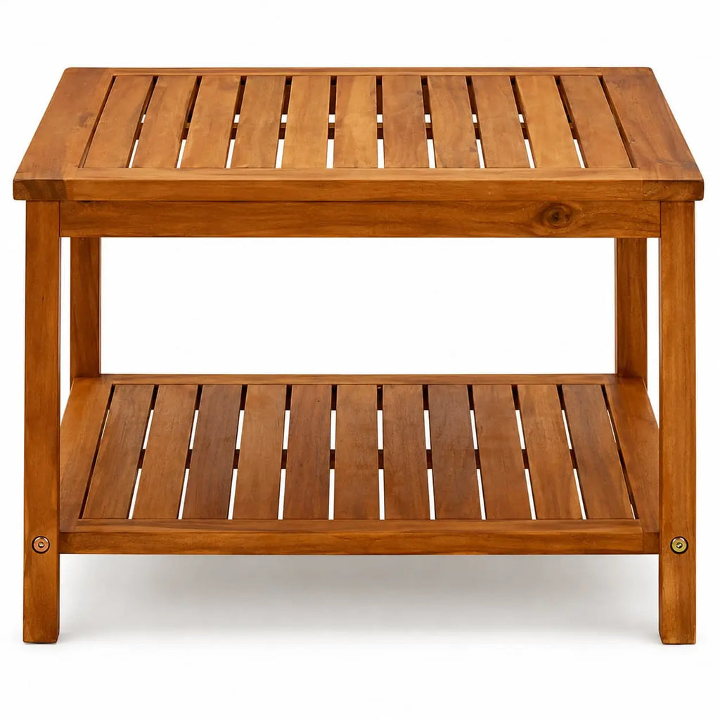 Table basse carrée Savara en bois à lattes avec étagère inférieure pour intérieur et extérieur