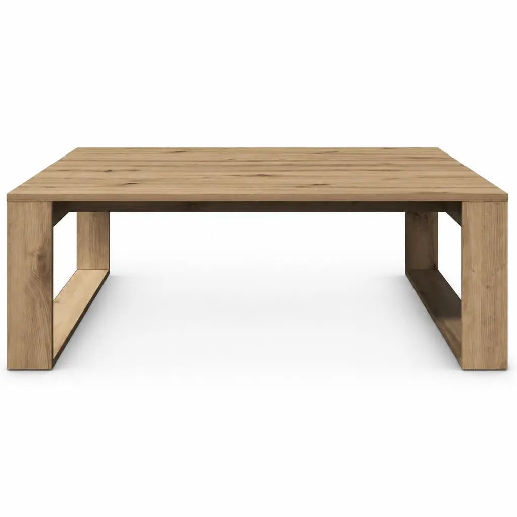 Table basse rectangulaire en bois naturel, design épuré avec structure ouverte et lignes modernes pour salon contemporain