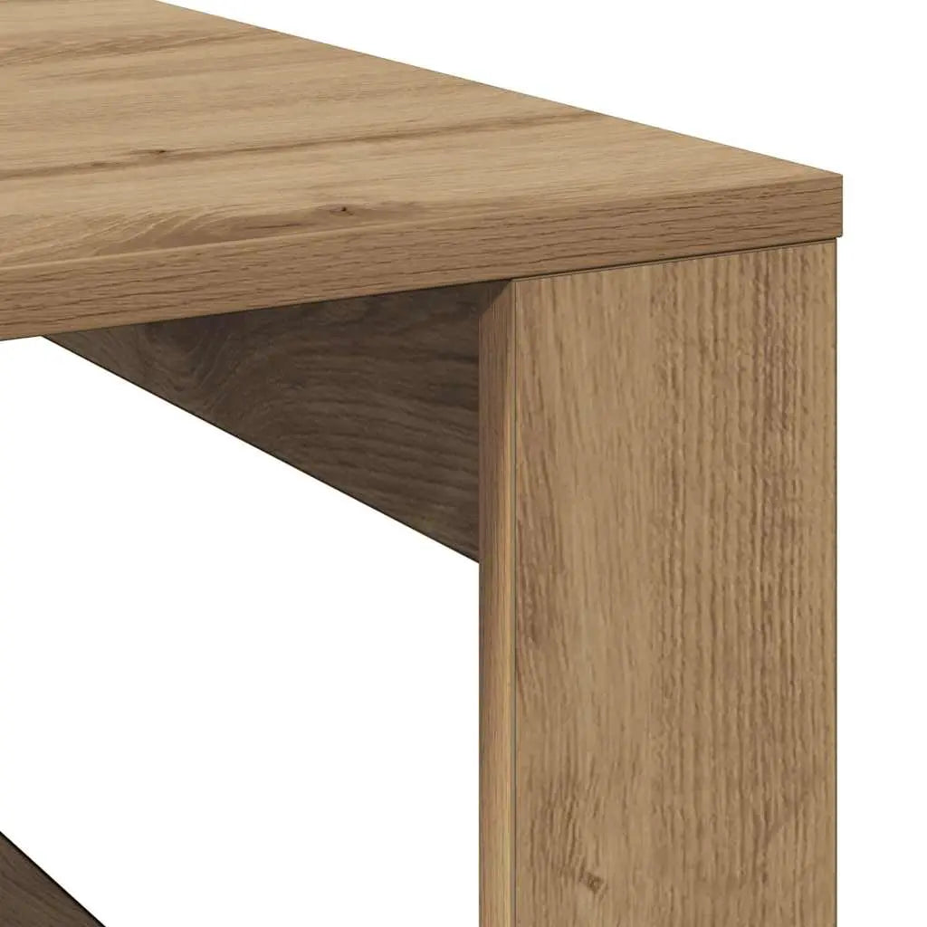 Détail table basse en bois naturel, angle structure ouverte avec finition effet chêne et design minimaliste moderne