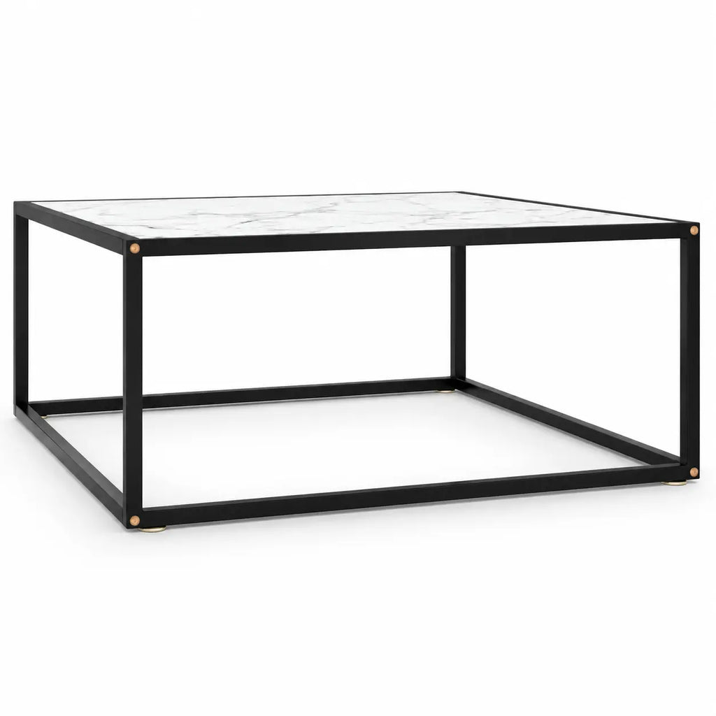 Table basse carrée Orlune effet marbre blanc avec structure métallique noire minimaliste
