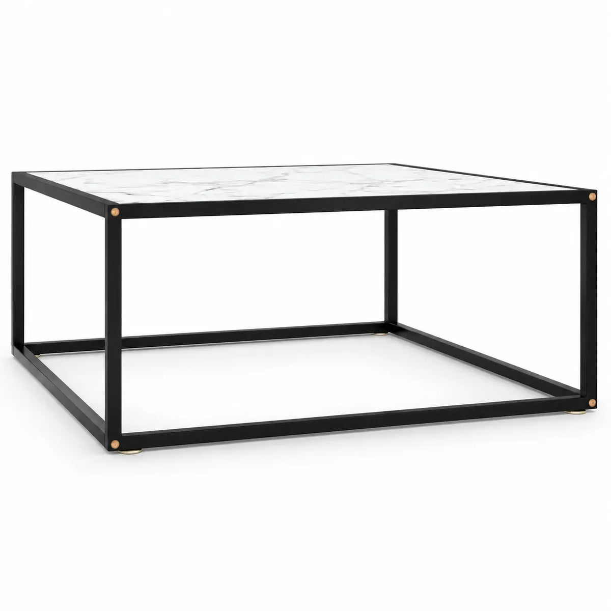 Table basse carrée Orlune effet marbre blanc avec structure métallique noire minimaliste