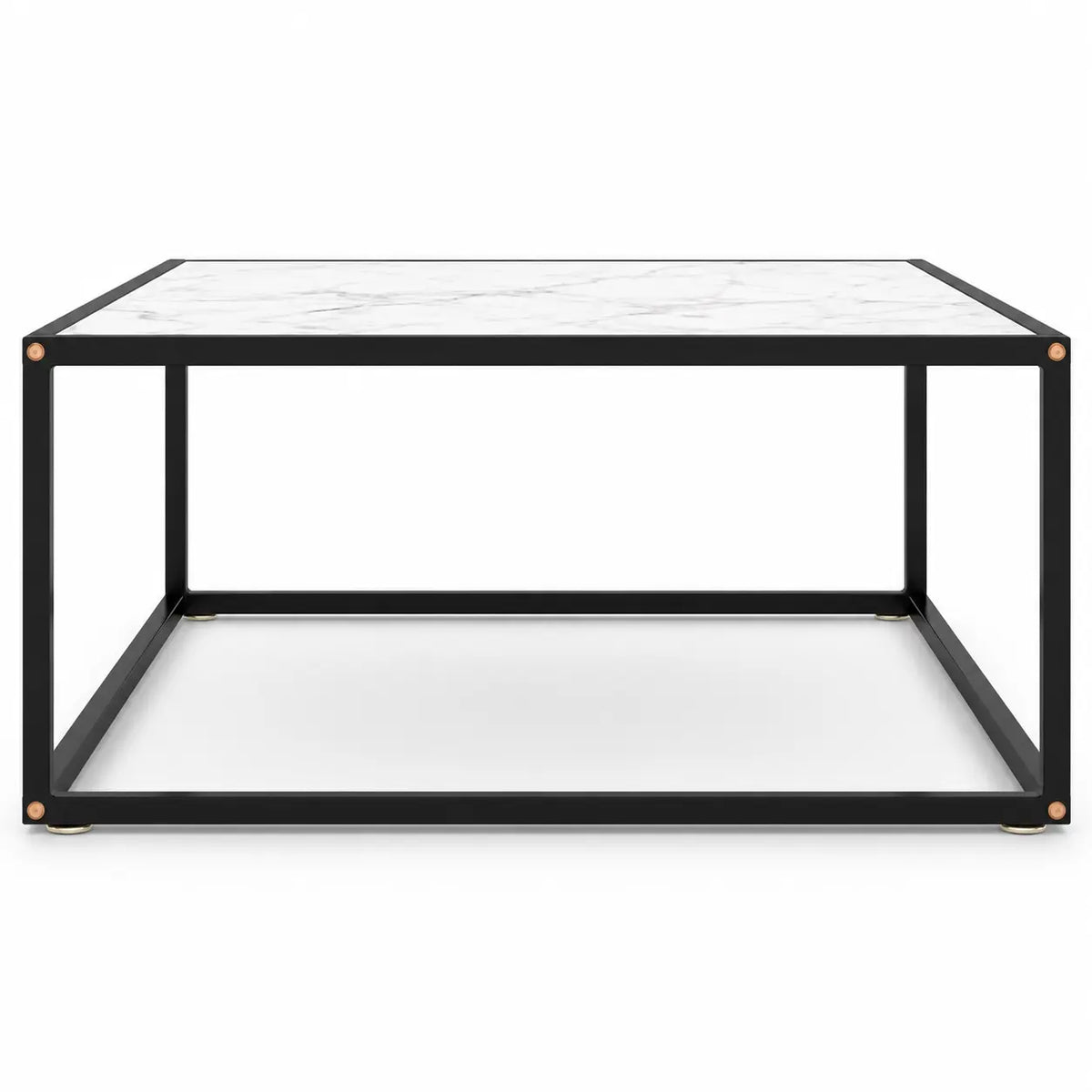 Table basse carrée Orlune avec plateau effet marbre blanc et cadre noir contemporain