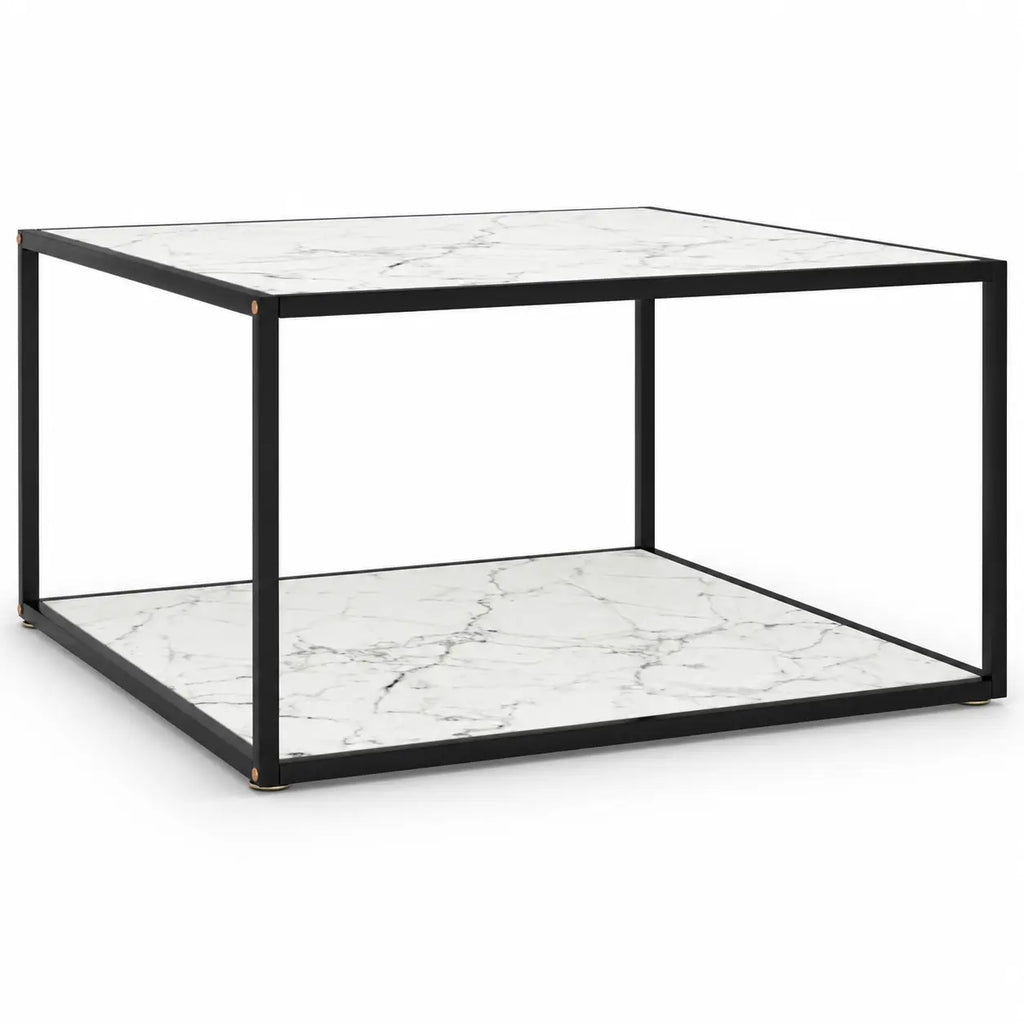 Table basse Pearla style marbre blanc avec double plateau et structure noire au design contemporain