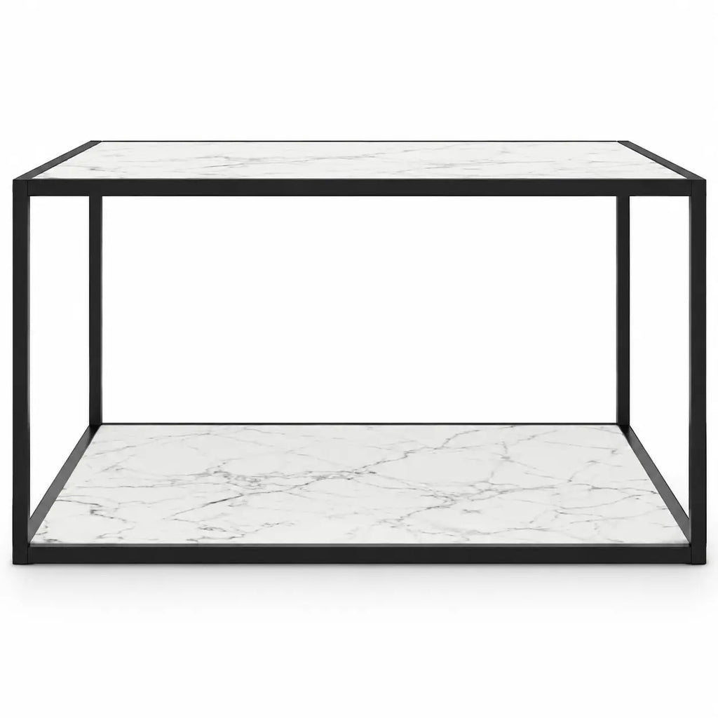 Table basse Pearla style marbre blanc avec double plateau et cadre noir au design épuré moderne