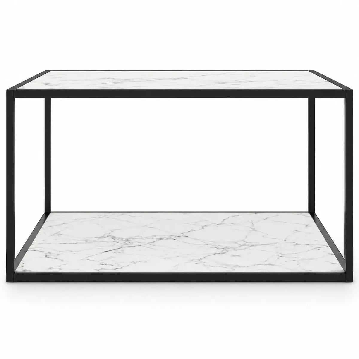 Table basse Pearla style marbre blanc avec double plateau et cadre noir au design épuré moderne