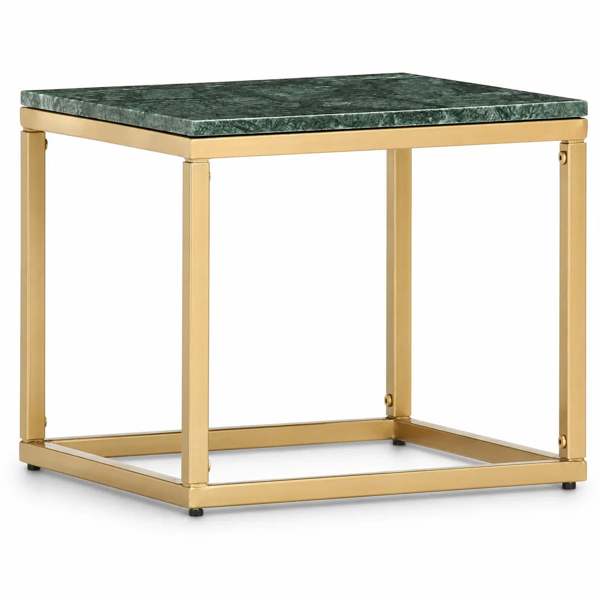 Table basse carrée Émera en véritable marbre vert avec structure dorée élégante et moderne