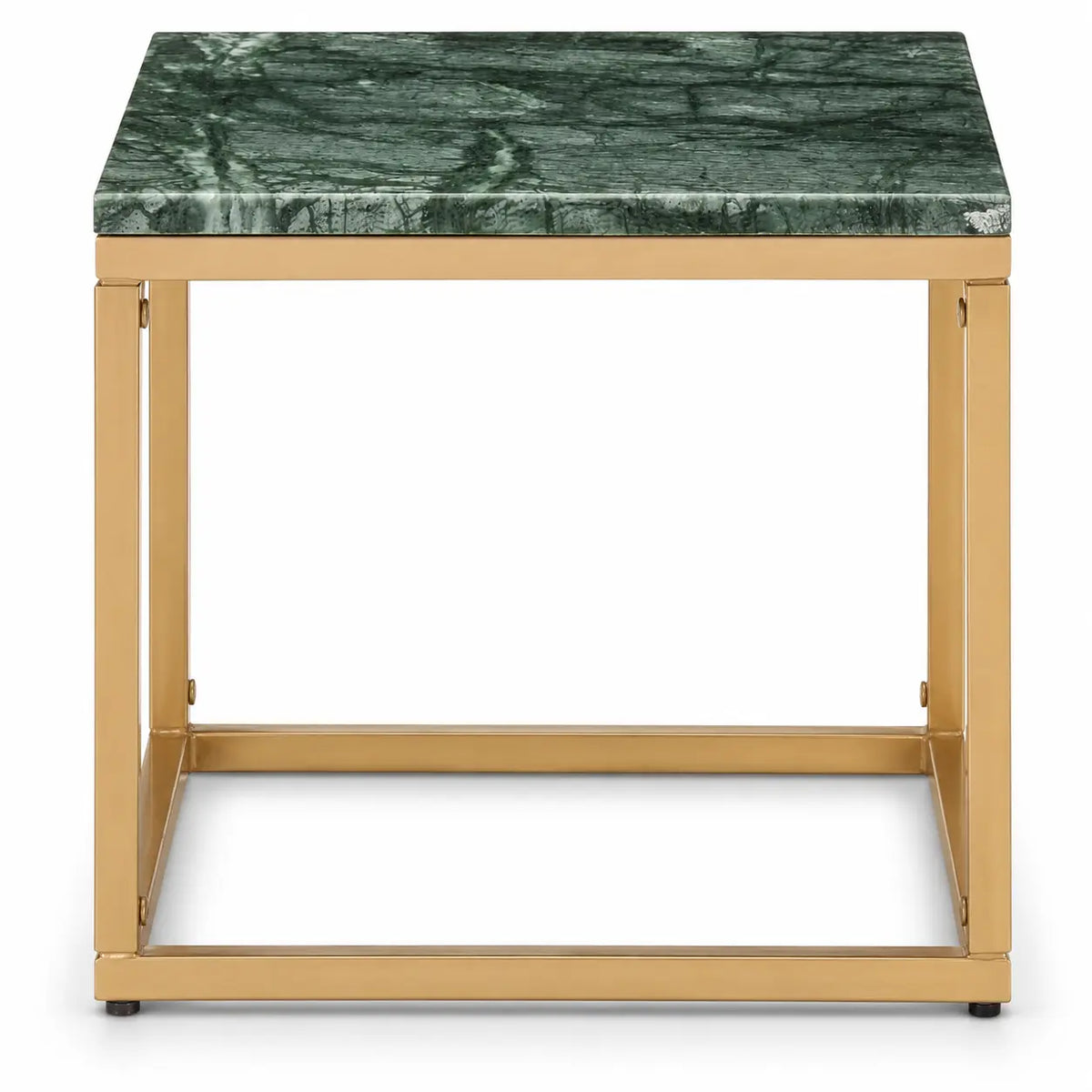 Table basse carrée Émera avec plateau en marbre vert véritable et structure dorée moderne
