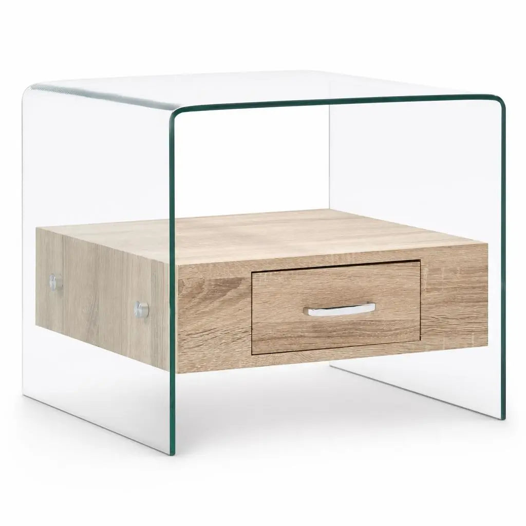 Table basse moderne en verre trempé transparent avec tiroir effet bois chêne, design minimaliste élégant