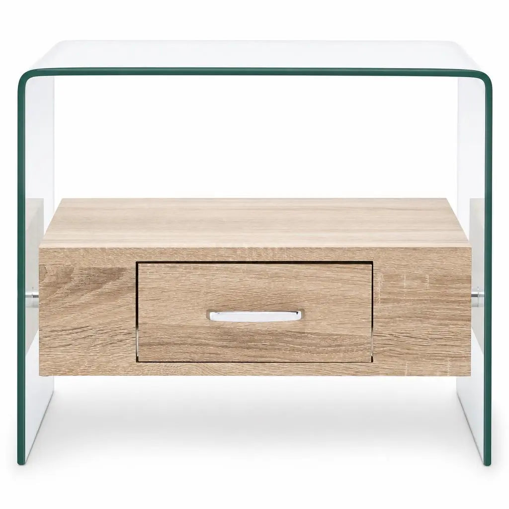 Table basse moderne en verre trempé transparent avec tiroir effet bois chêne, vue frontale au design minimaliste