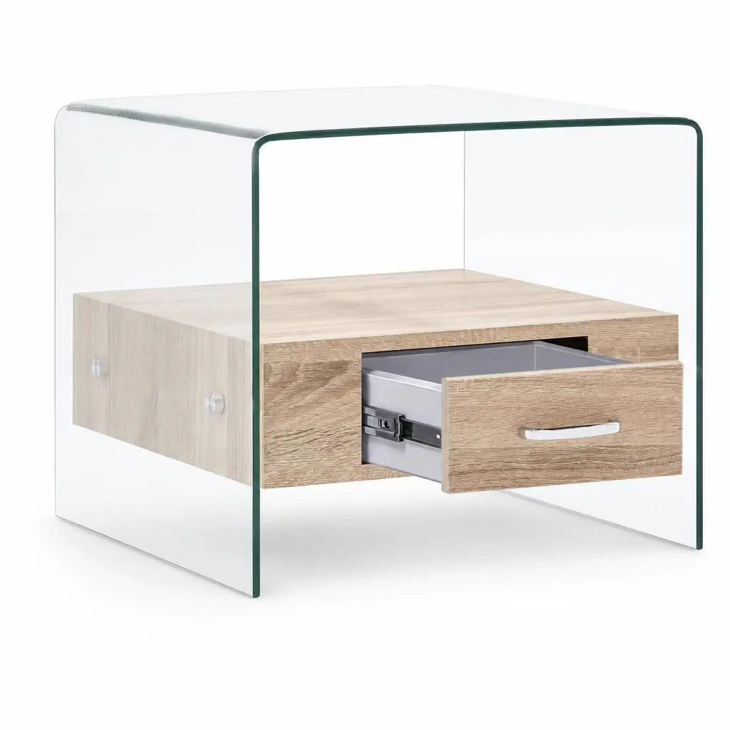Table basse moderne en verre trempé transparent avec tiroir coulissant effet bois chêne, rangement pratique