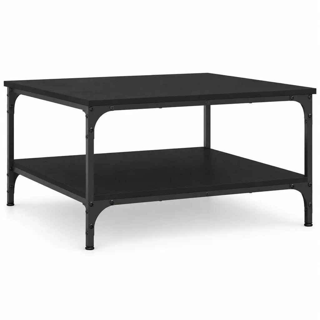Table basse carrée noire avec structure métallique industrielle et étagère inférieure ouverte pour rangement supplémentaire