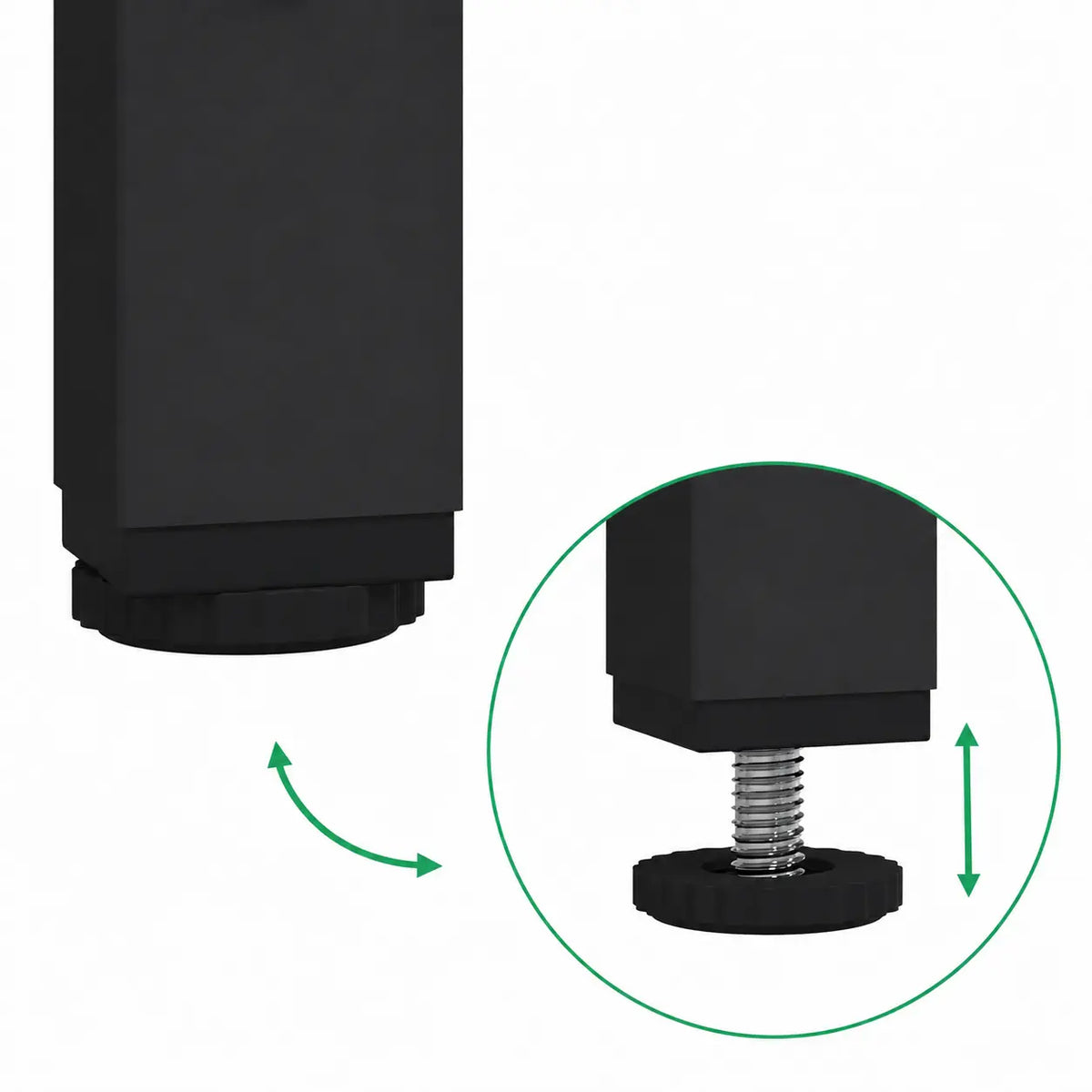 Détail du pied réglable de la table basse noire industrielle, conçu pour ajuster la stabilité sur surfaces irrégulières