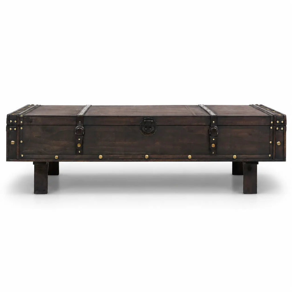 Table basse malle en bois foncé avec détails métalliques, style coffre vintage pour salon industriel élégant