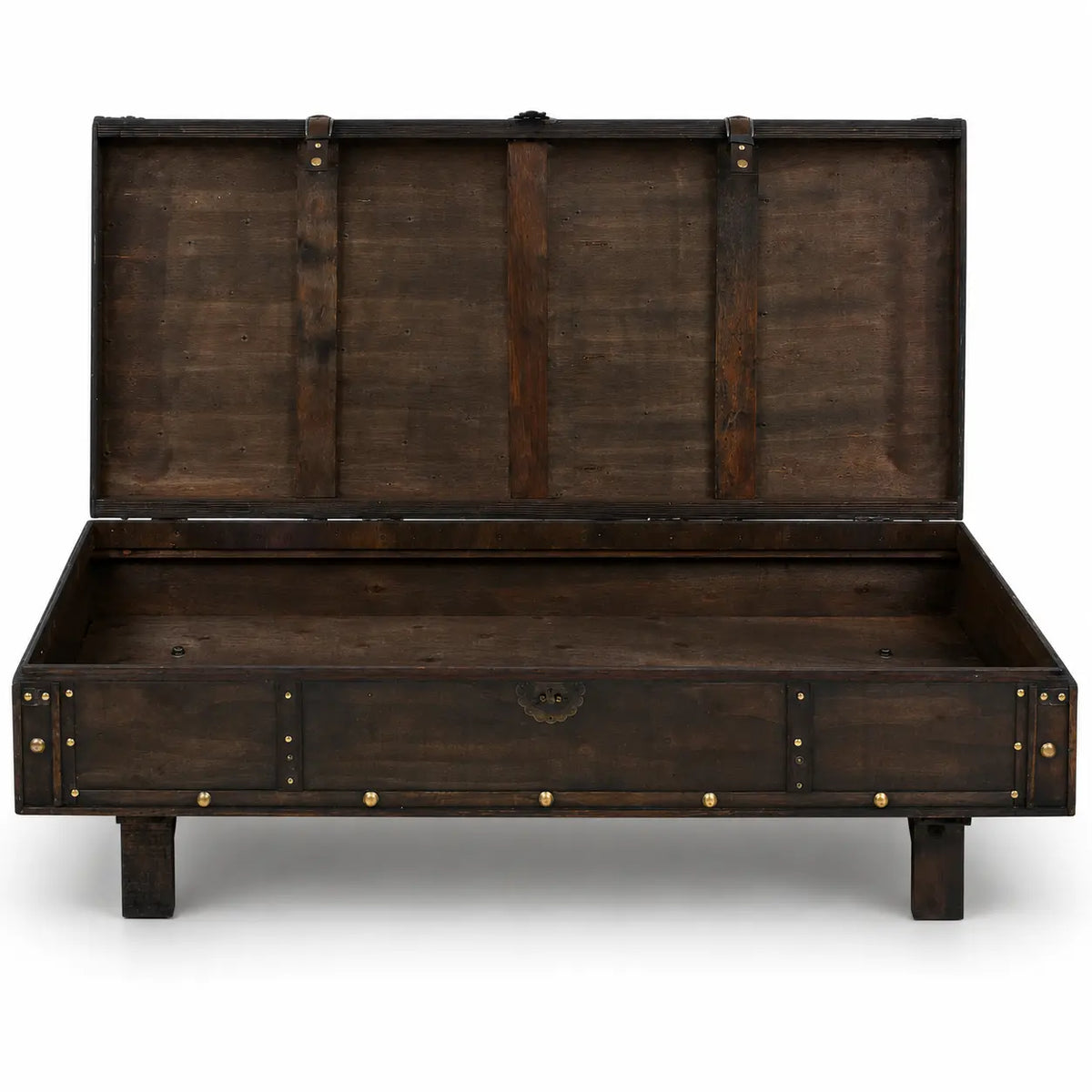 Table basse coffre ouverte en bois foncé avec rangement spacieux et style industriel vintage élégant