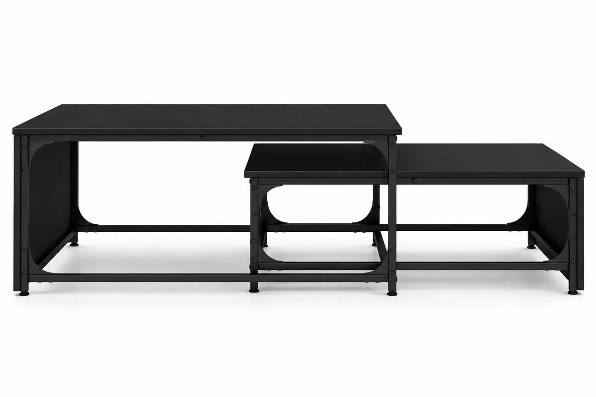 Table basse gigogne noire Duolia avec trois tables rectangulaires modulables au design industriel moderne