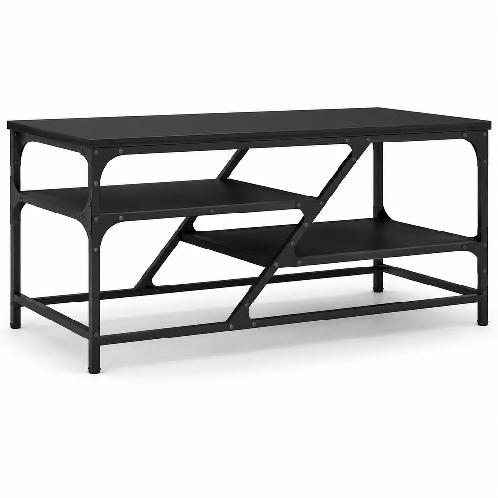 Table basse noire industrielle avec étagères ouvertes et structure géométrique en métal moderne