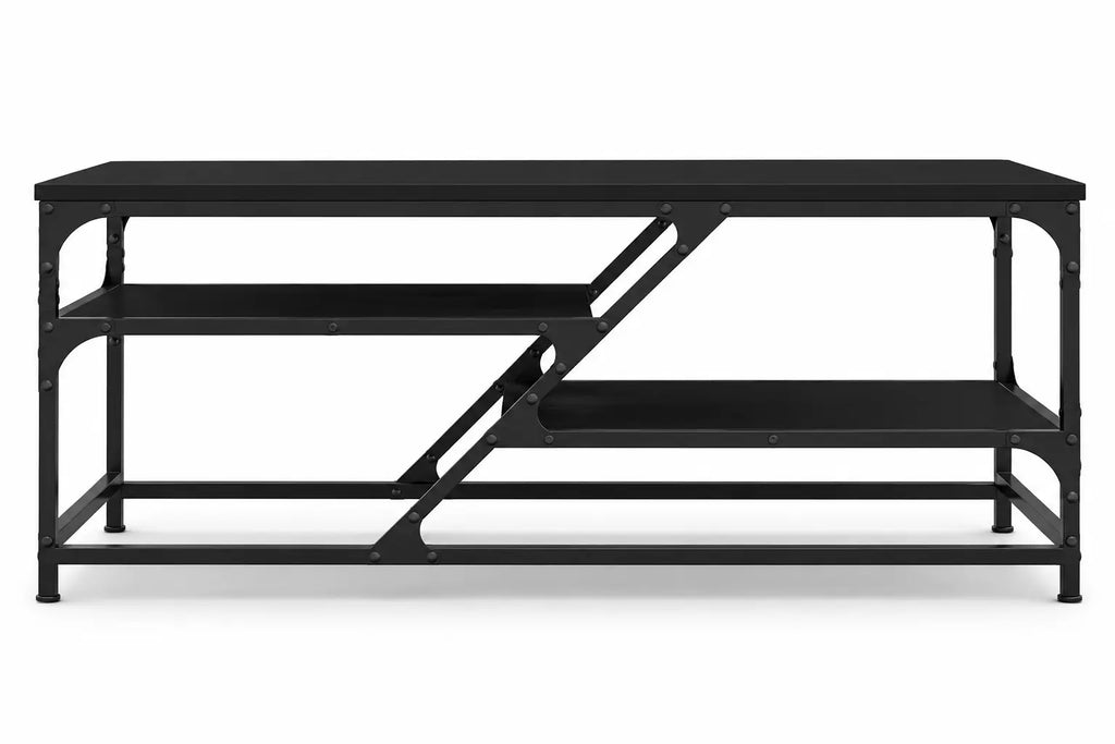 Table basse noire industrielle avec double étagère asymétrique et structure métallique moderne