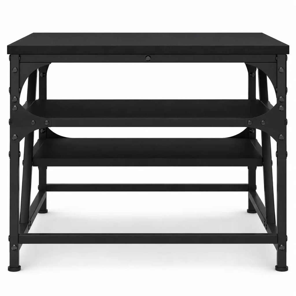 Table basse noire industrielle avec étagères ouvertes et structure métallique robuste moderne