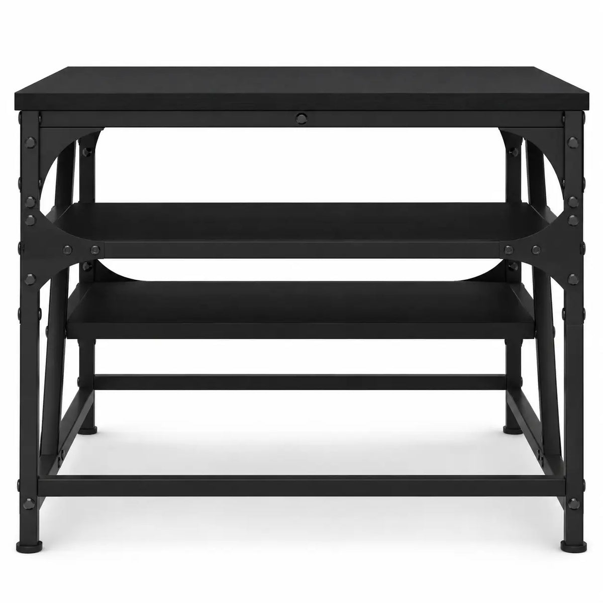 Table basse noire industrielle avec étagères ouvertes et structure métallique robuste moderne