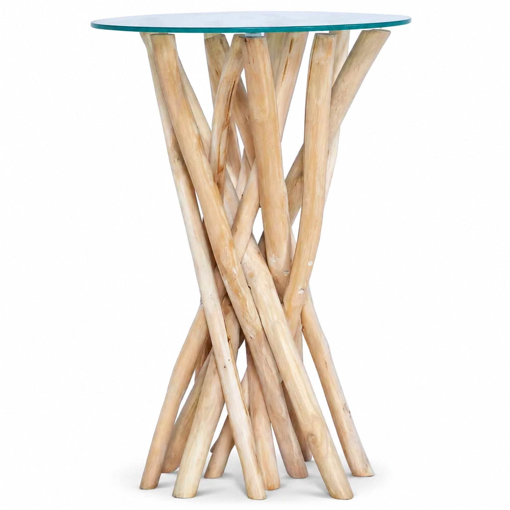 Table basse avec plateau rond en verre transparent et base sculpturale en branches de bois naturel entrelacées