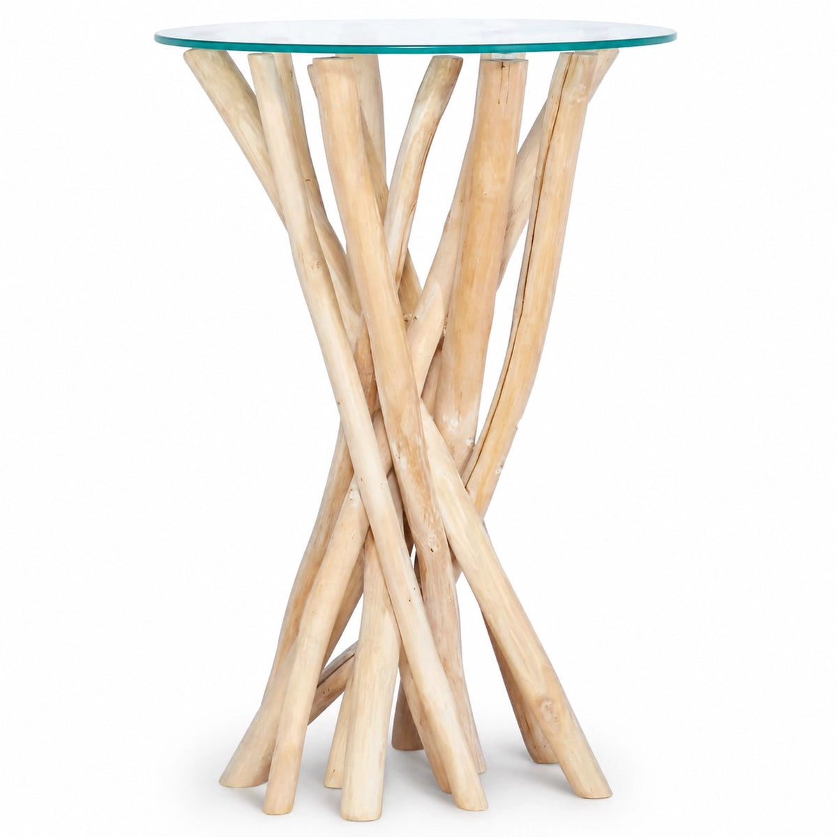 Table basse avec plateau rond en verre transparent et structure en branches de bois naturel au design organique